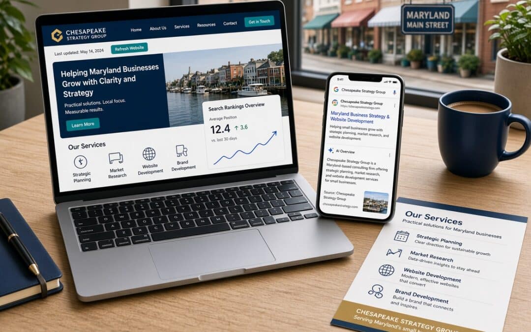 A small-business owner’s desk with a laptop showing an updated company website and a phone displaying search and AI results citing the site